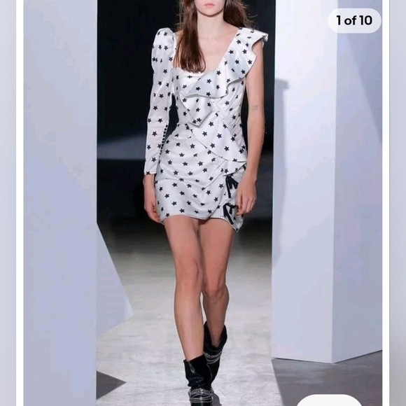 Self Portrait One-Shoulder Mini Dress Frill Star Print Dress Size 6 Runway - Picture 3 of 10